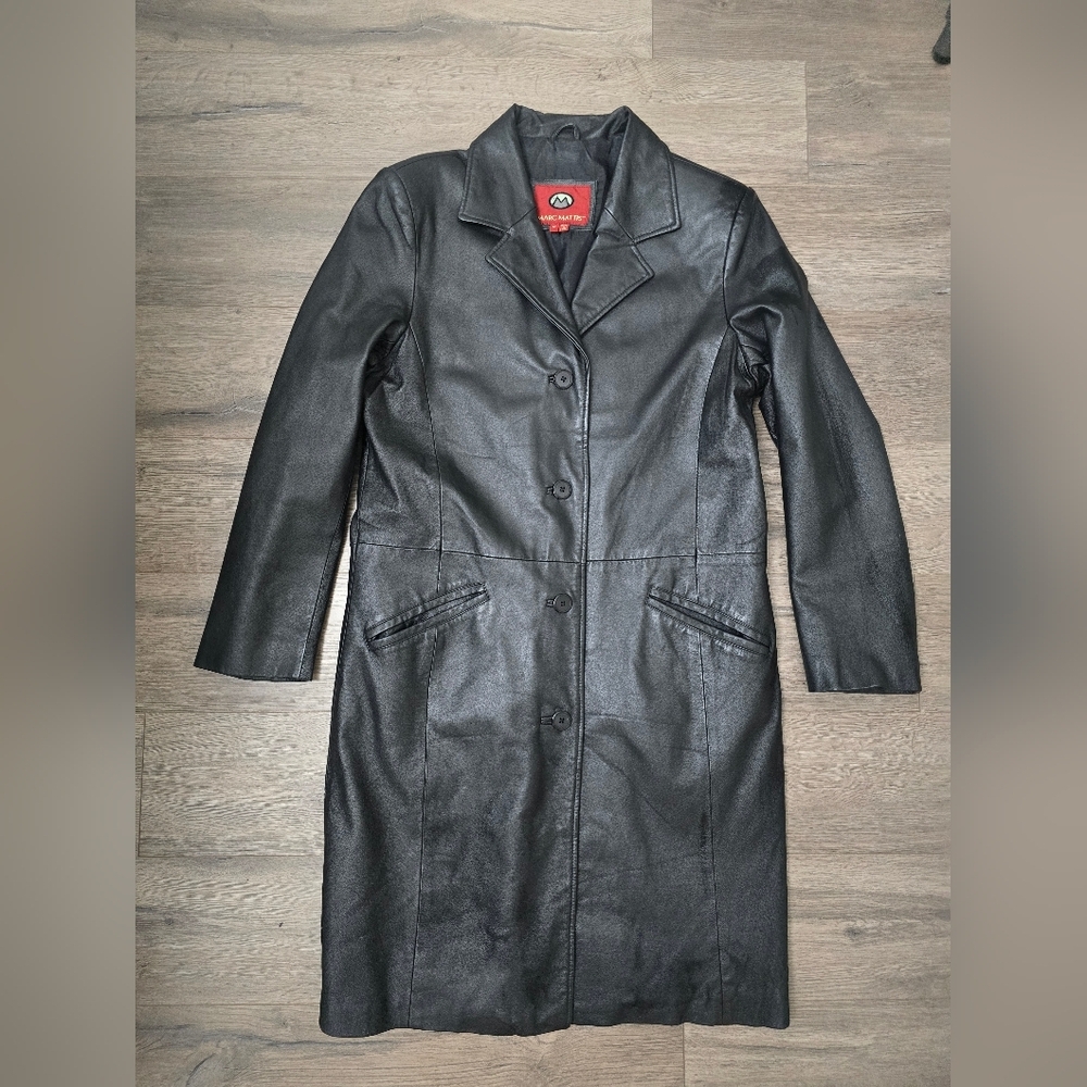 Marc Mattis Leather Trench Coat Black Long Womens Size Medium Boho Grunge